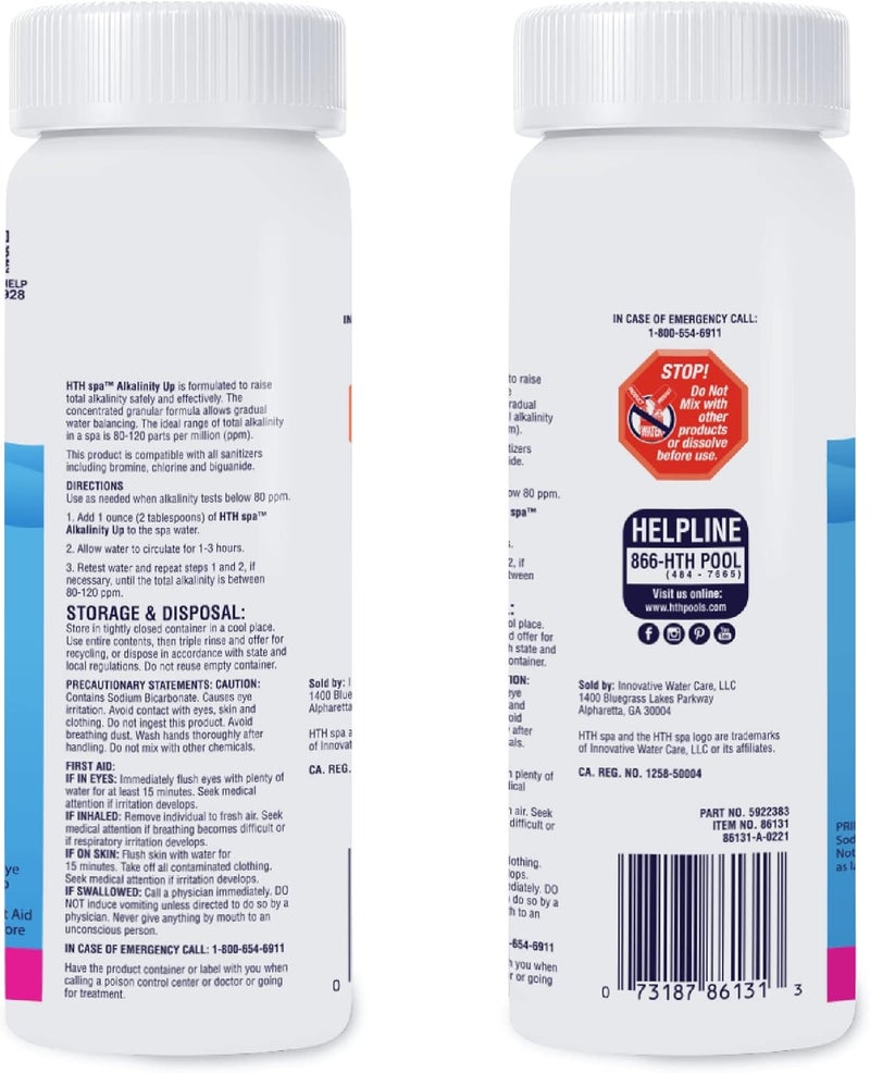 HTH Spa 86131 Alkalinity up, Spa & Hot Tub Chemical Raises Alkalinity, Stabilizes pH Fluctuation, 1.25 lbs - Image 1